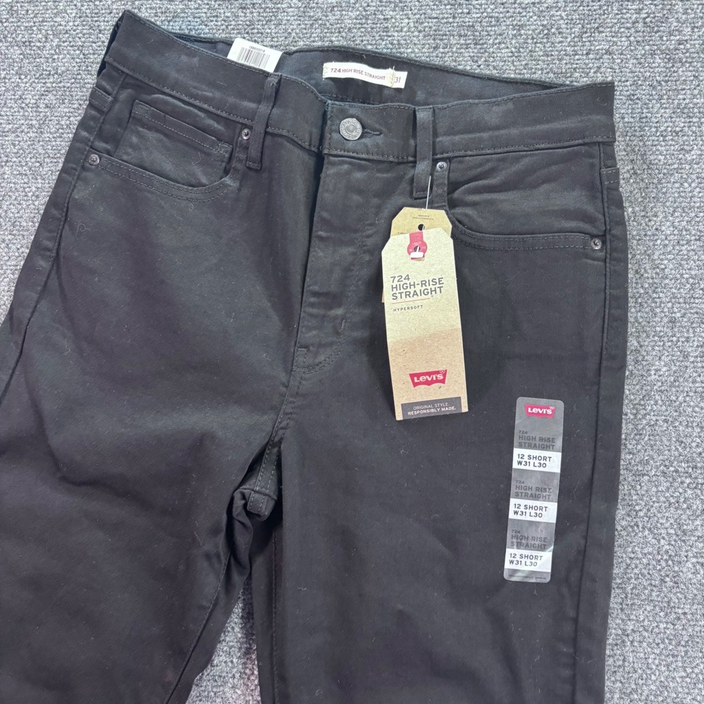 Levi's 724 High Rise Straight Jeans Womens 12 Short W31 L30 Black‎ NWT Hypersoft